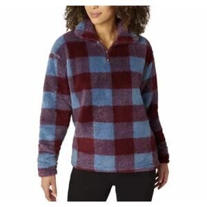Eddie Bauer Plaid Sherpa Fleece Quarter Zip Pullover Jacket Size Small Blue Red